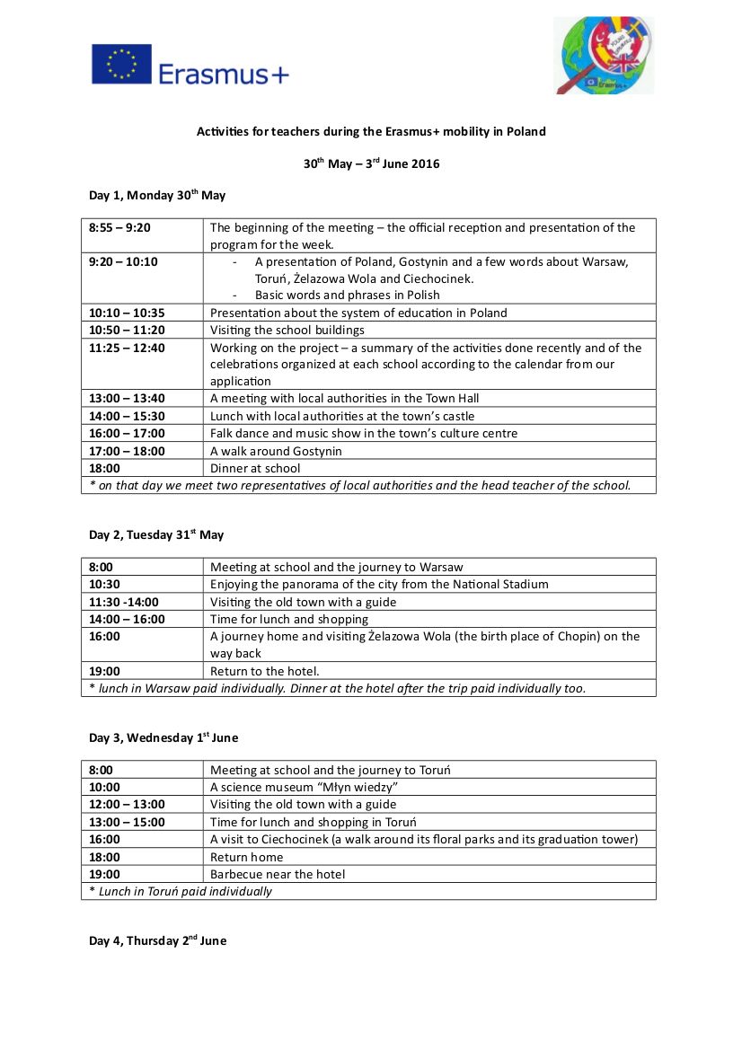 Activities for teachers during the Erasmus 1
