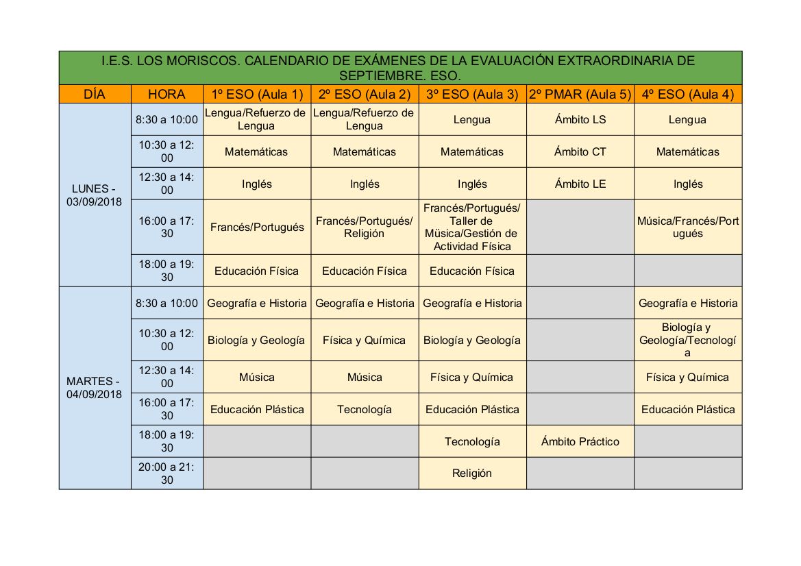 CALENDARIO SEPTIEMBRE 2018 ESO